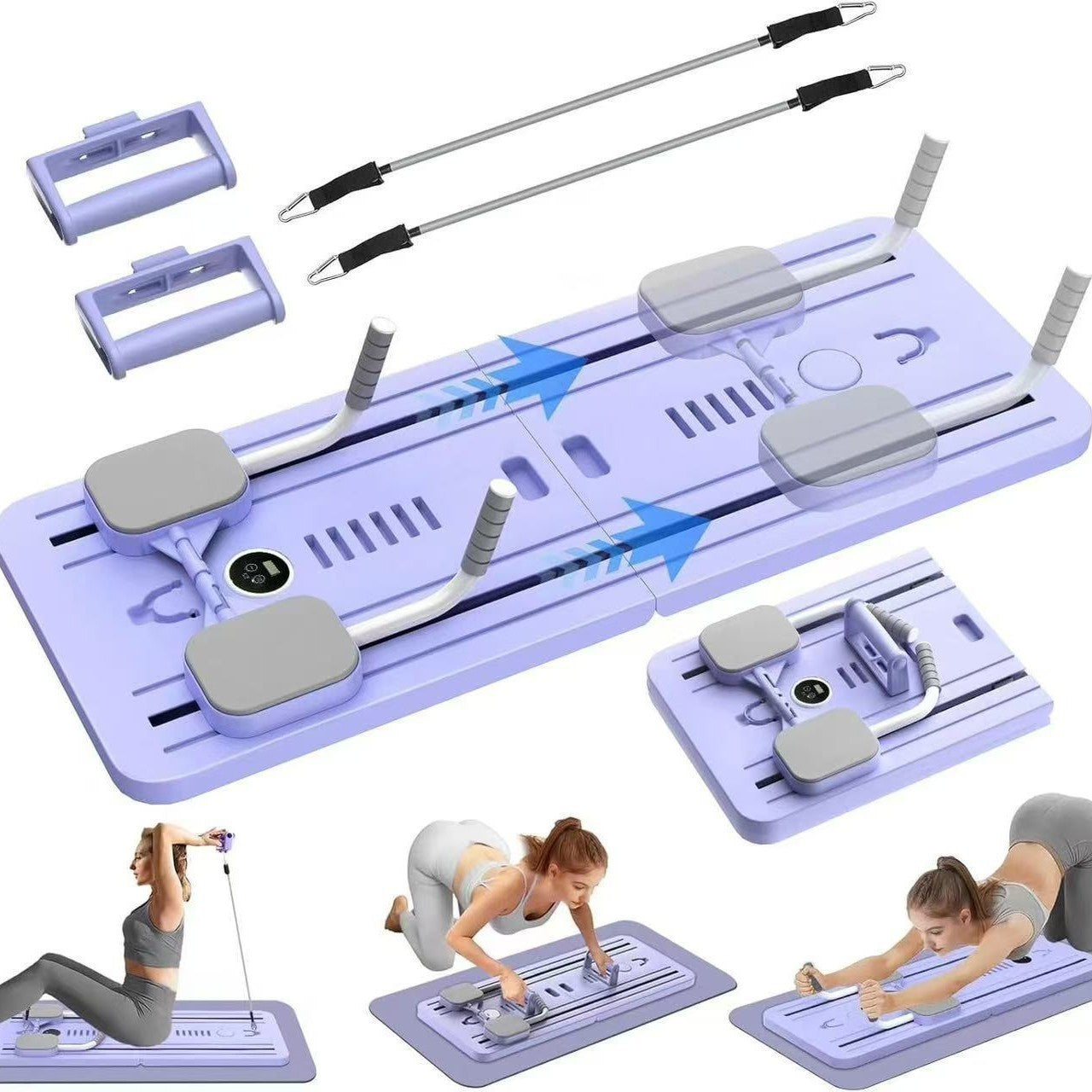 Multifunctional fitness board with various attachments on a white background