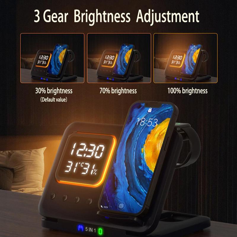 Smartphone with digital clock display on a stand, showing brightness adjustment options.