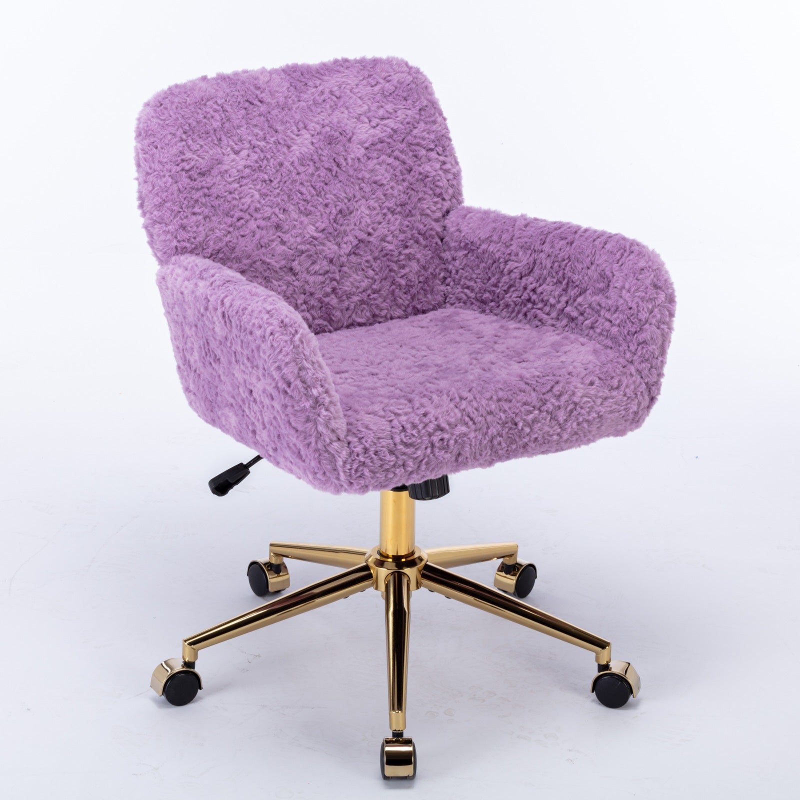 Purple fluffy office chair with gold base on a white background