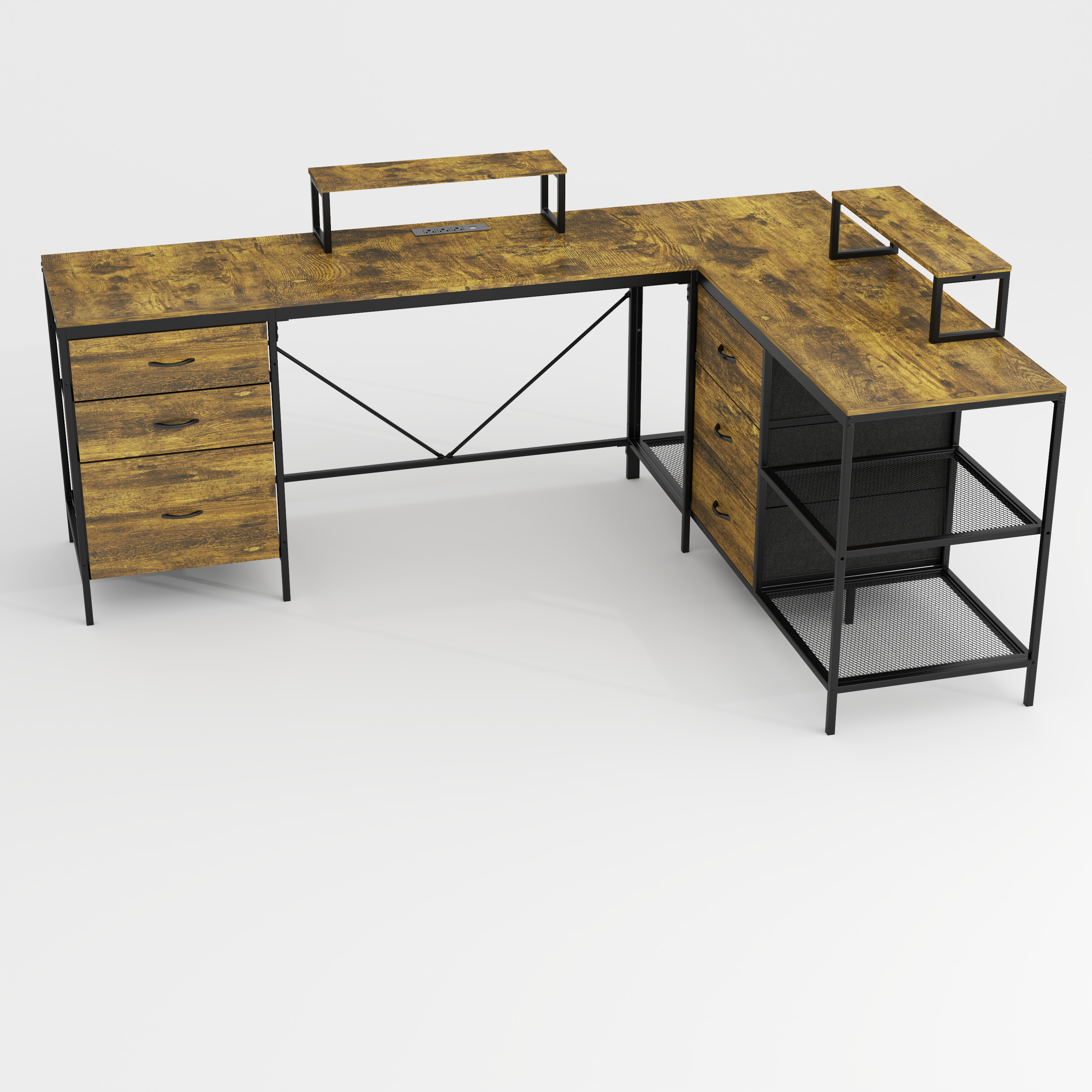 114" L-Shaped Desk with Power Outlets & Storage - Rustic Brown