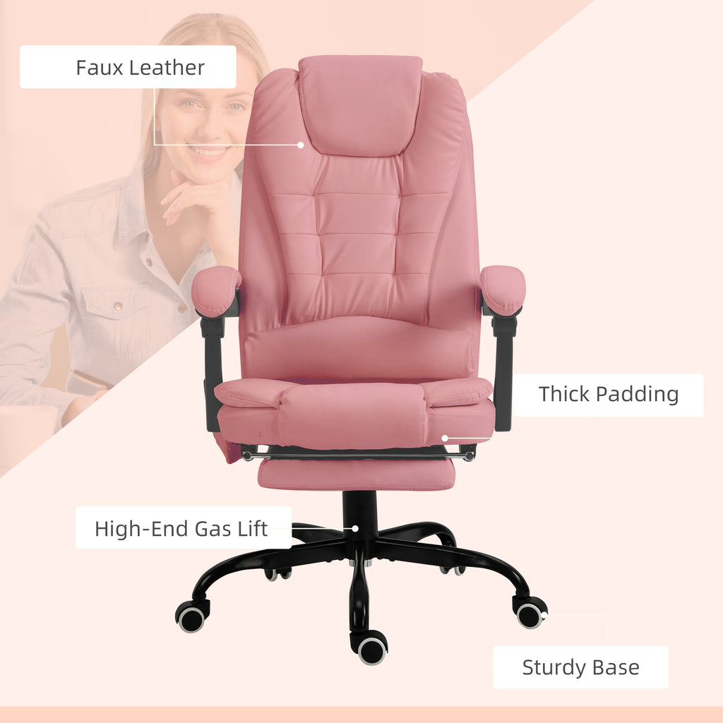 Pink office chair with features labeled on a light pink background