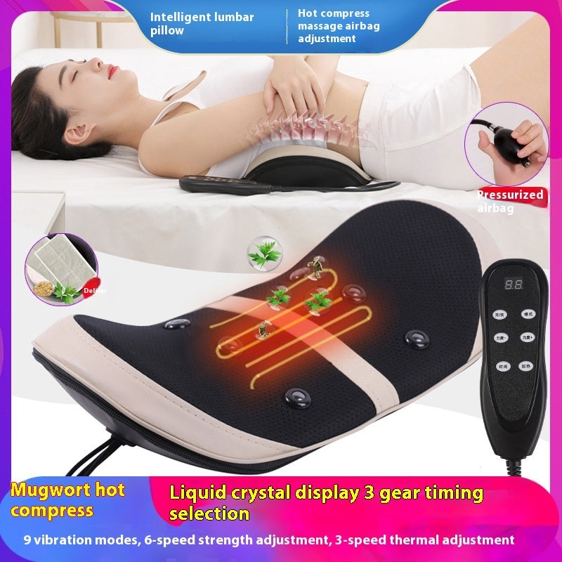 Massage pillow with digital display and control panel, featuring text on its features.
