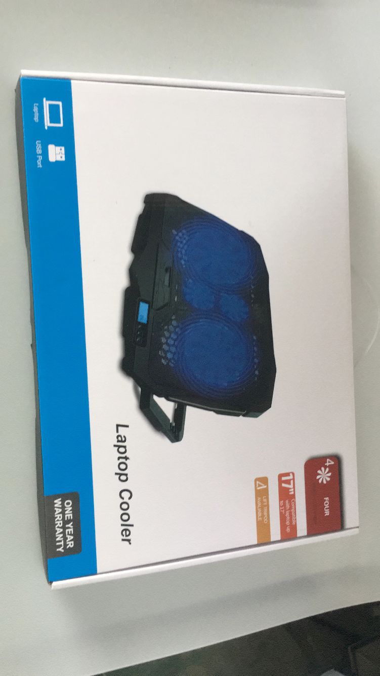 Laptop cooler with packaging on a white background