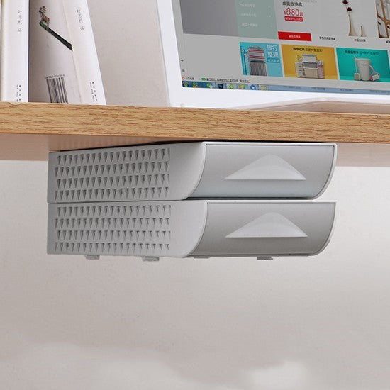 Under-shelf storage organizer with two compartments on a white surface.