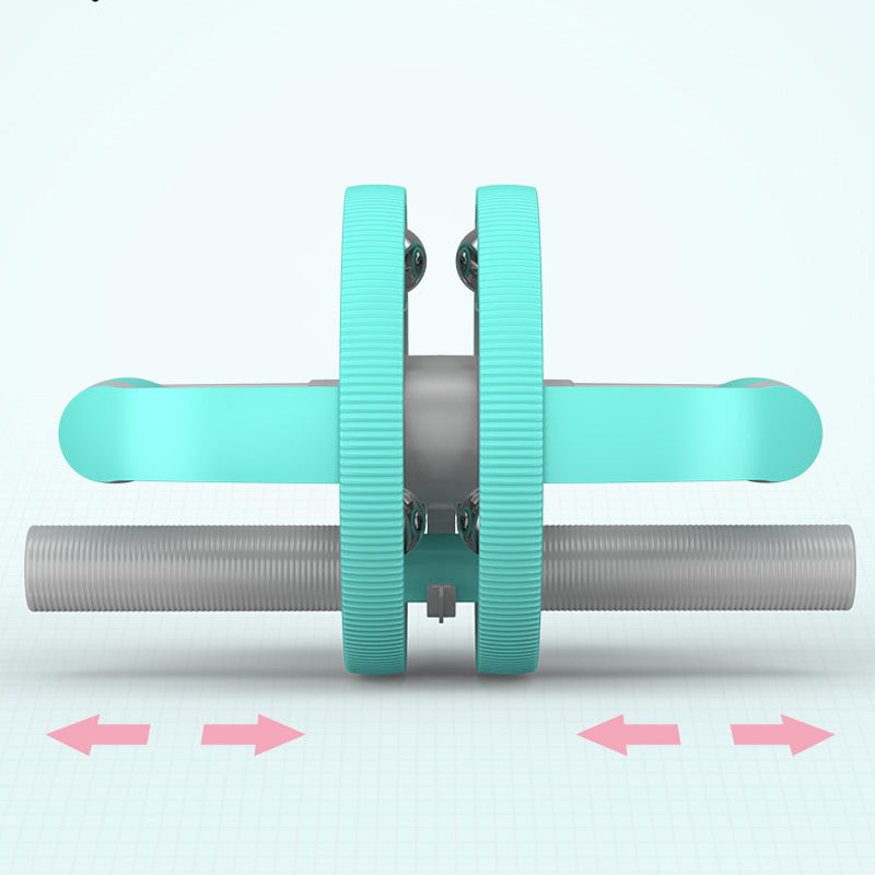 Turquoise ab roller on a white background with pink arrows indicating movement.
