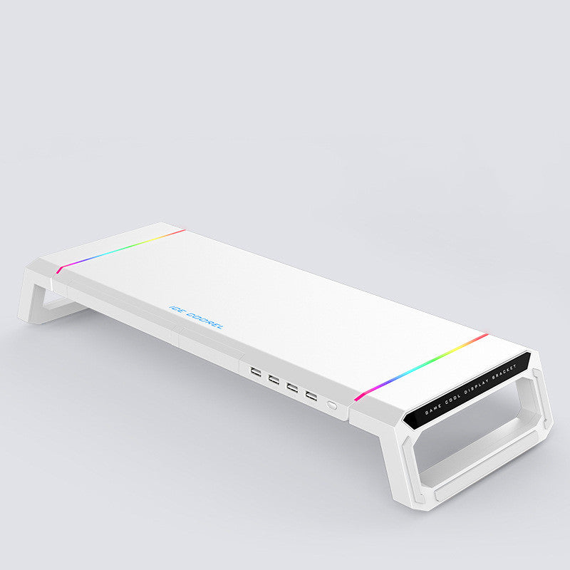 White electronic device with rainbow accents on a light gray background
