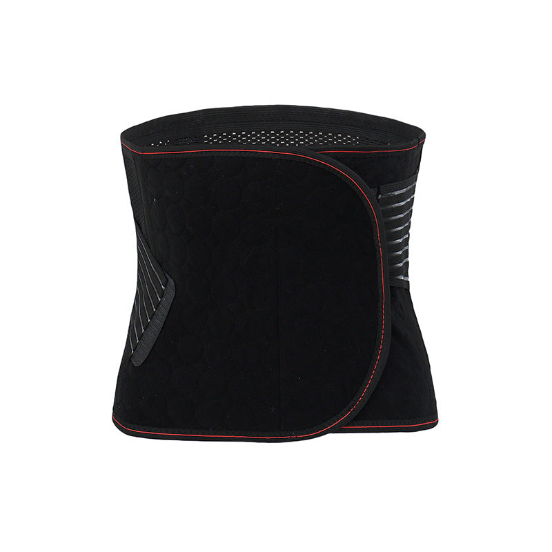 Black waist trainer with red stitching on a white background