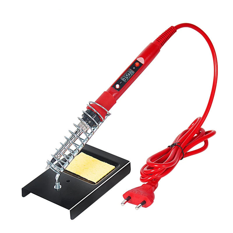 Red soldering iron with digital display on a white background