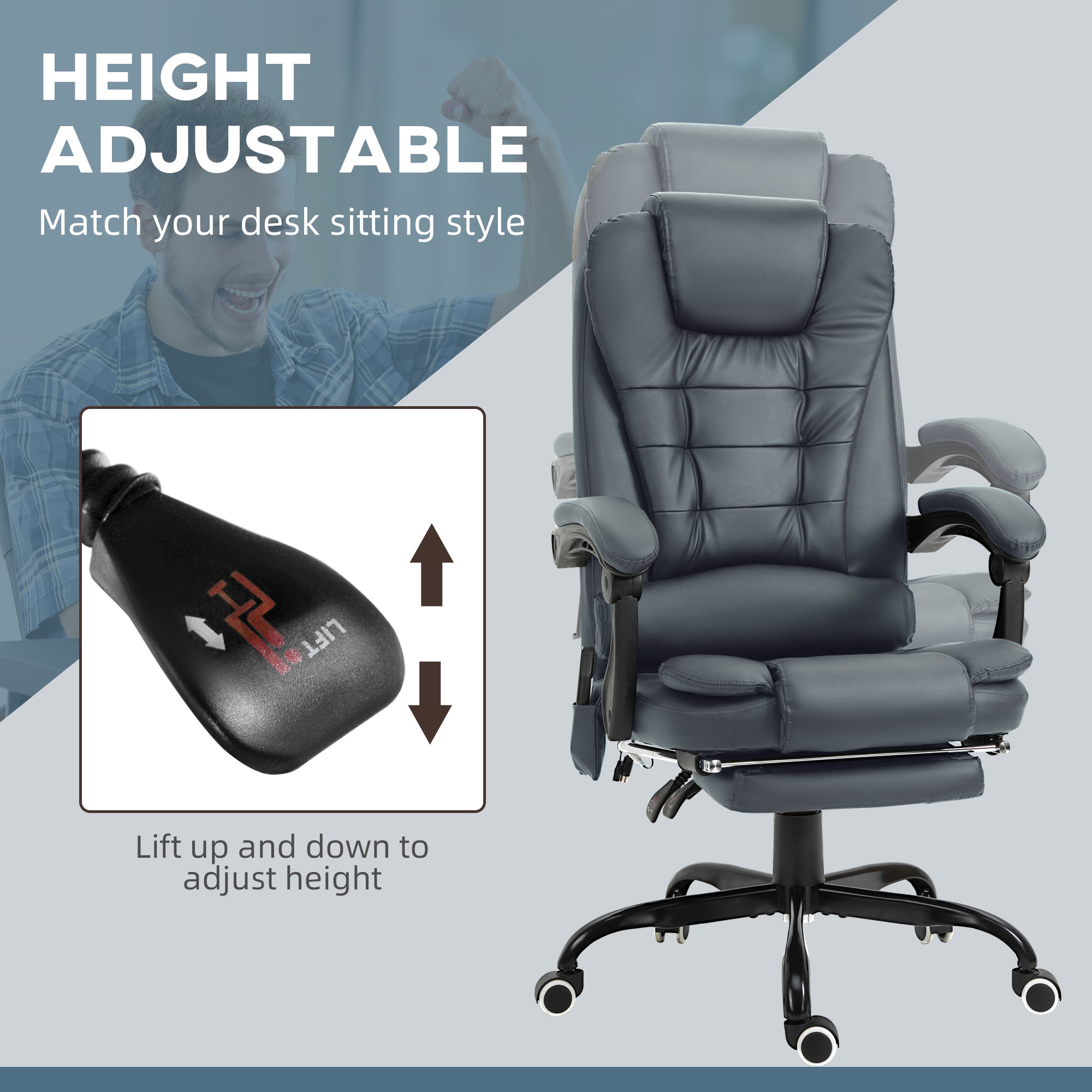Gray office chair with height adjustment feature on a light gray background