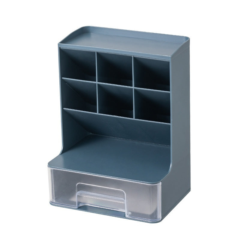 Blue desk organizer with multiple compartments on a white background