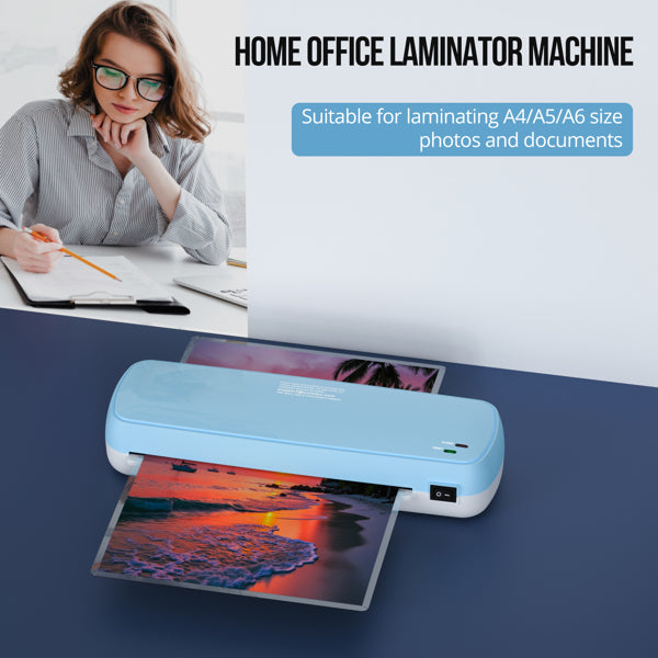 Home office laminator machine with a woman using a laptop in the background