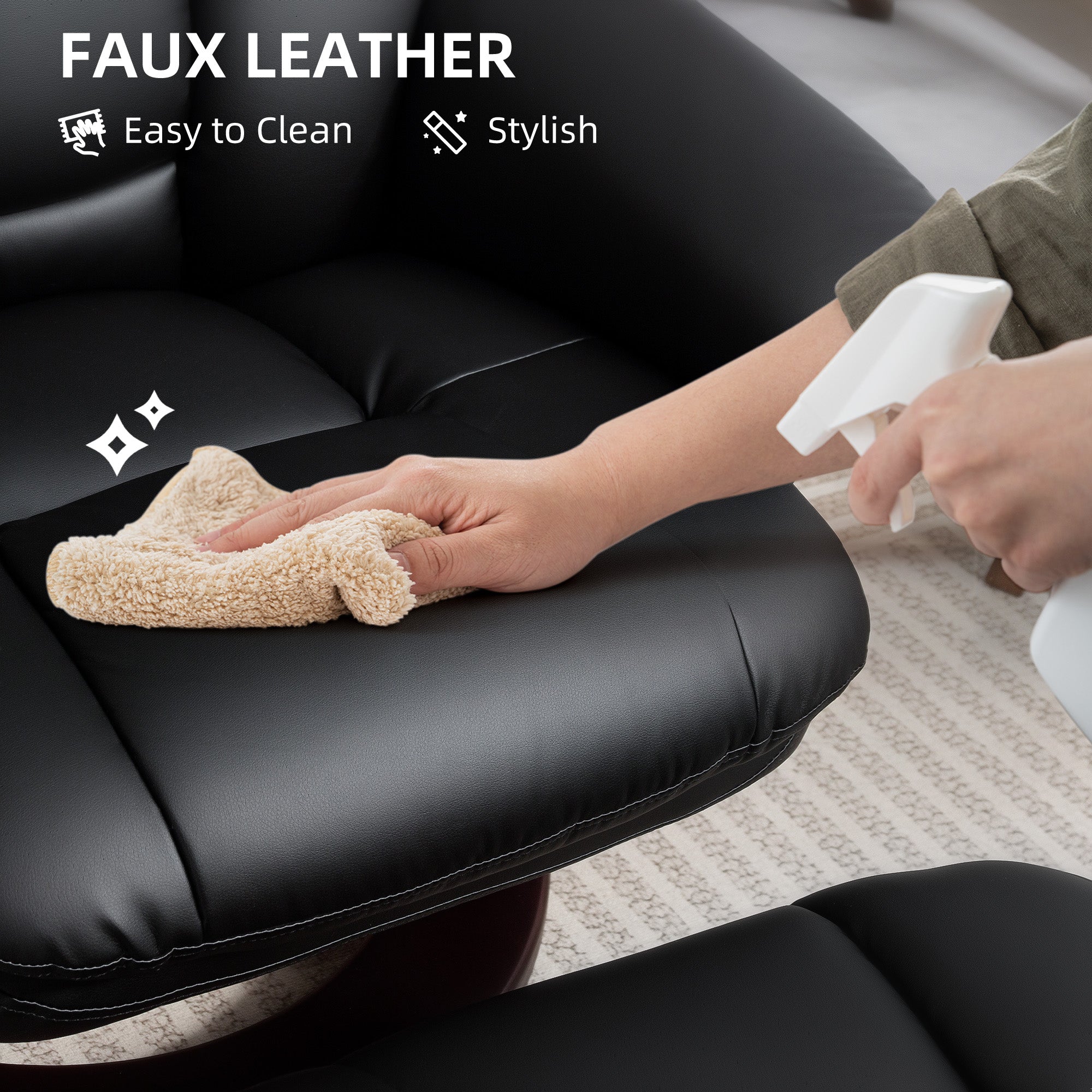 Person cleaning a black faux leather chair with a spray and cloth, with text highlighting ease of cleaning and style.