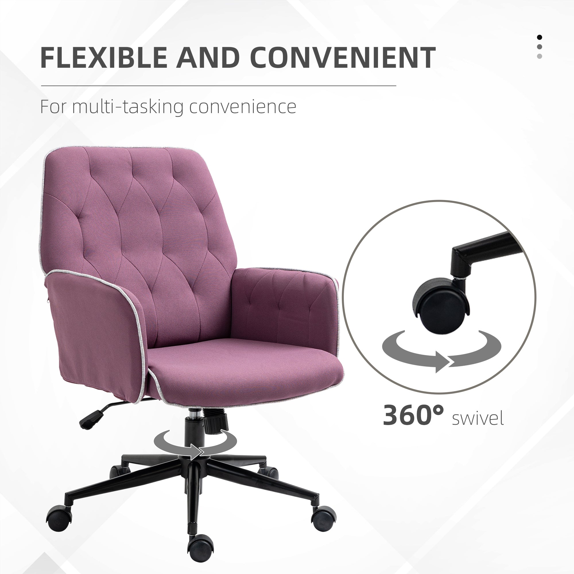 Purple office chair with 360-degree swivel feature on a white background