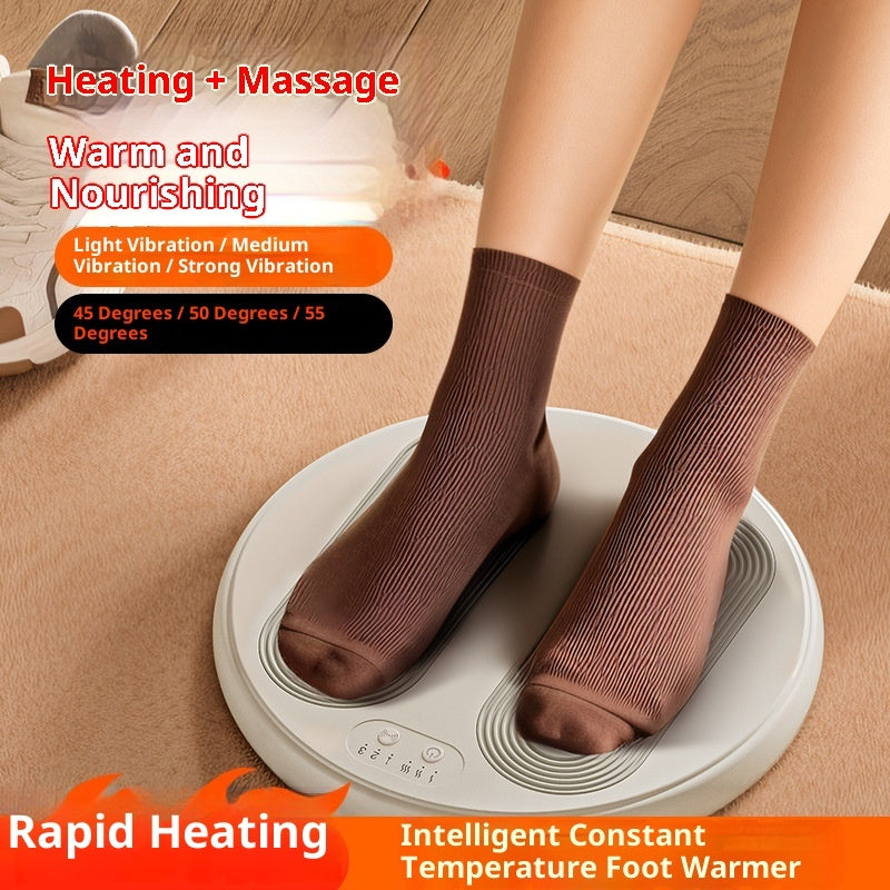 Person using a foot warmer with text highlighting features like heating, massage, and rapid heating.
