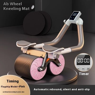 Ab wheel kneeling mat with digital timer on a dark background