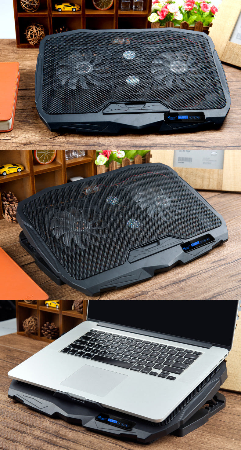 Laptop cooling pad with fans on a wooden surface, shown from different angles.