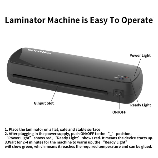 Suntiko laminator machine with labeled parts and operating instructions on a white background