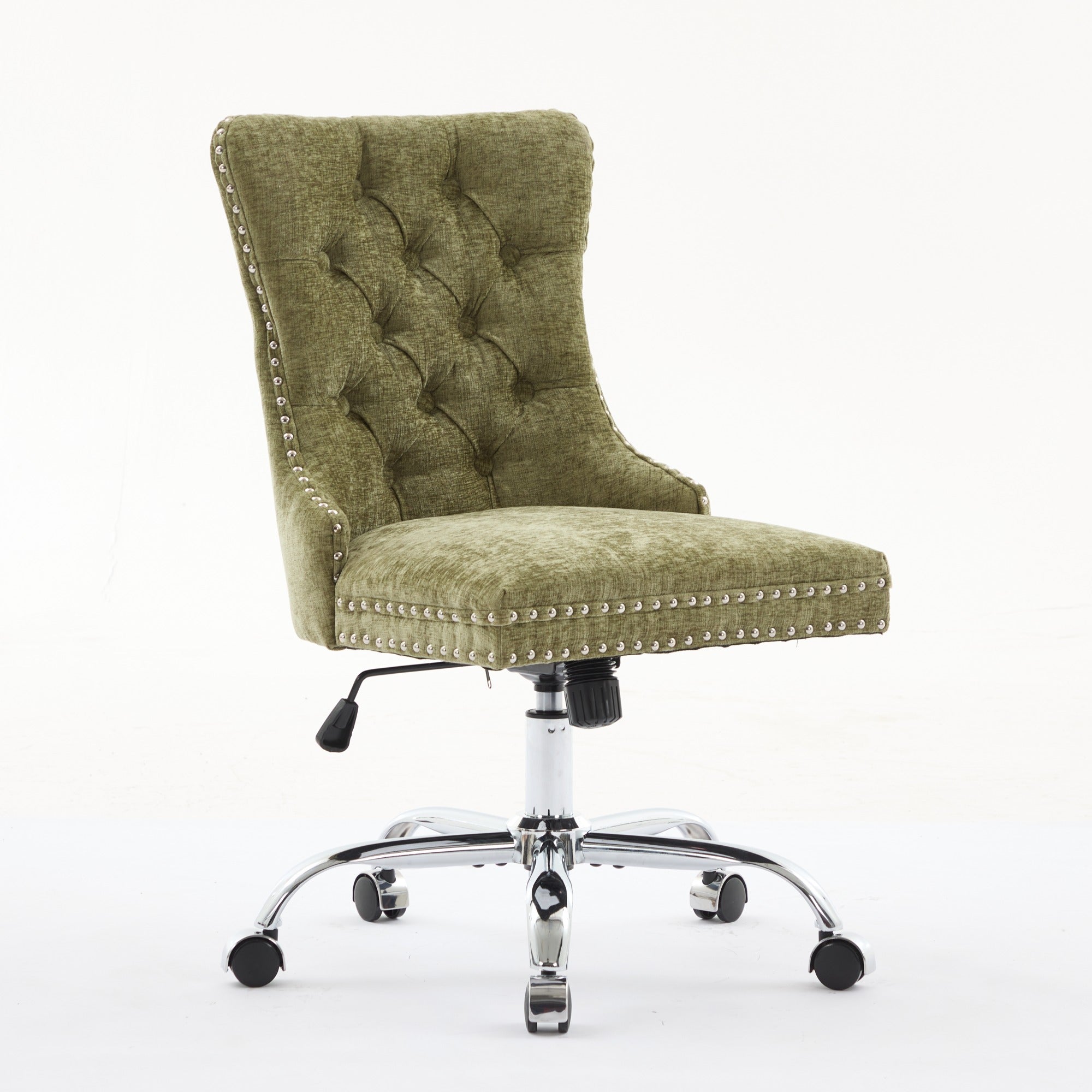 Green upholstered office chair with tufted backrest on a white background