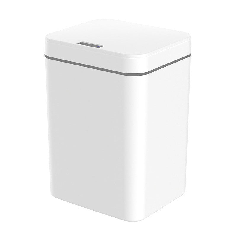 White rectangular trash can with a gray rim on a white background