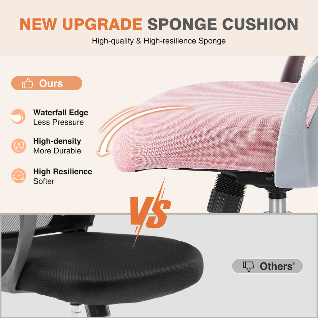 Side view of pink drafting chair showing lumbar support and movable armrests