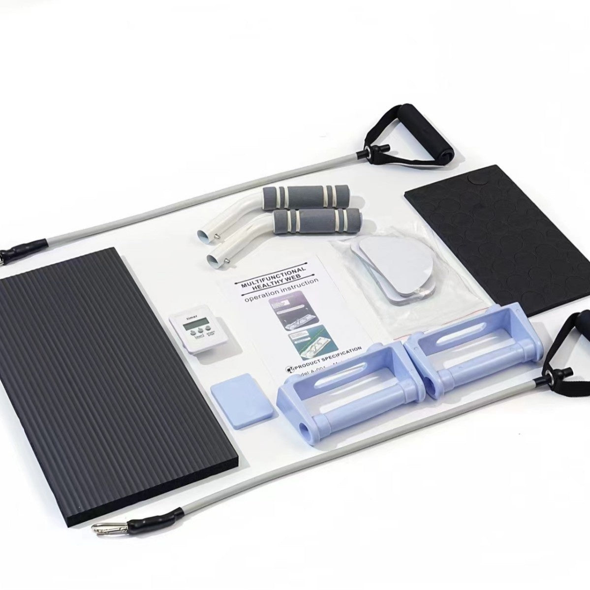 Collection of exercise tools including resistance bands, mats, and straps on a white background