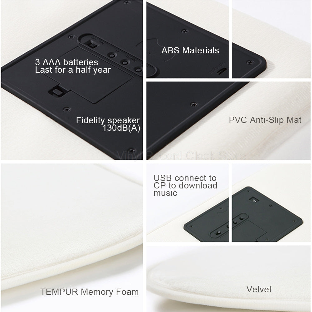 Collage of features including batteries, materials, speaker, mat, USB connection, and memory foam on a product.