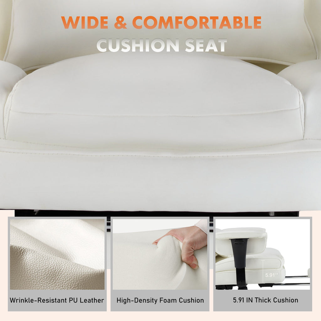 White cushioned seat with text highlighting features like wide and comfortable design, wrinkle-resistant PU leather, high-density foam cushion, and thick cushion.
