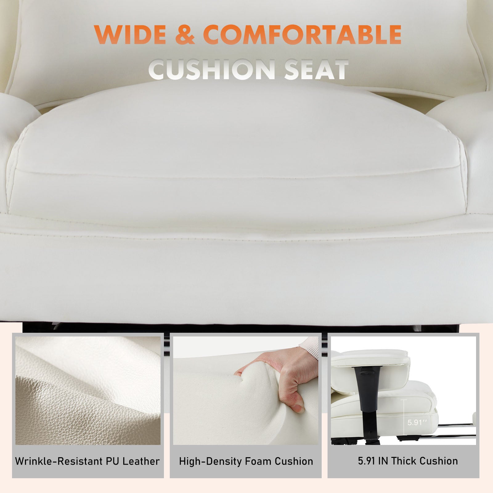 White cushioned seat with text highlighting features like wide and comfortable design, wrinkle-resistant PU leather, high-density foam cushion, and thick cushion.