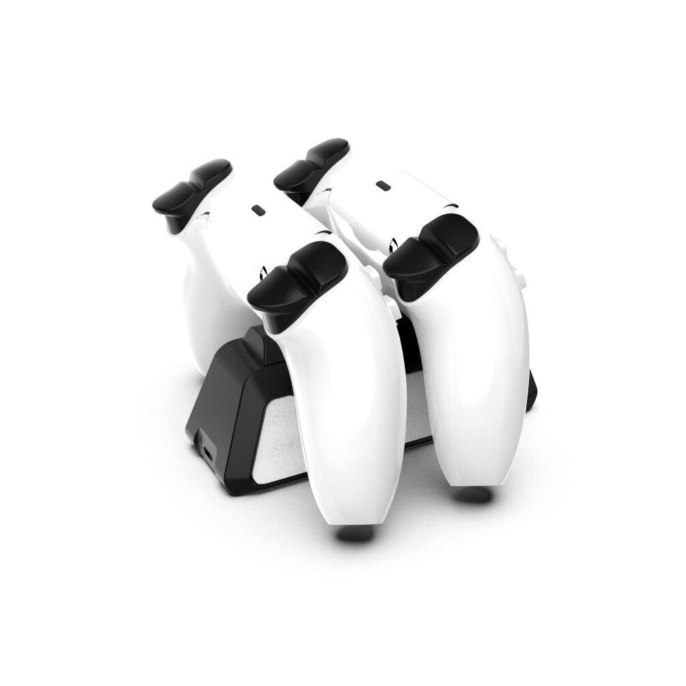 Pair of white and black gaming controllers on a white background