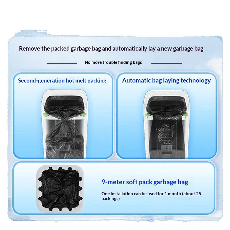Garbage bag dispenser with features highlighted on a blue background