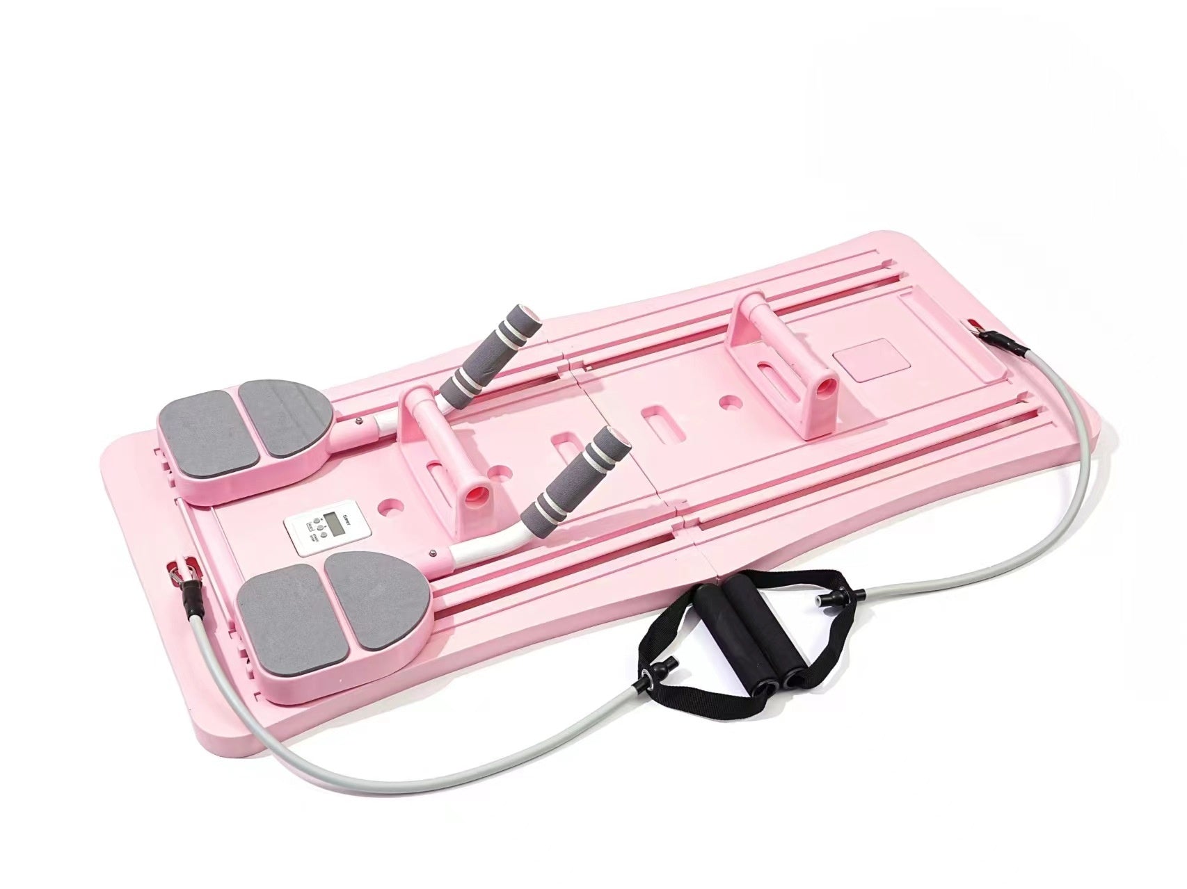 Pink exercise board with foot pedals and resistance bands on a white background