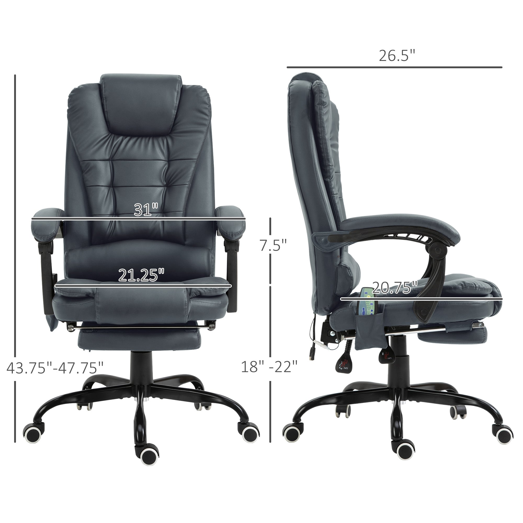 Gray office chair with dimensions indicated on a white background
