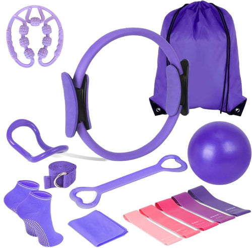 Purple exercise with bag on a white background