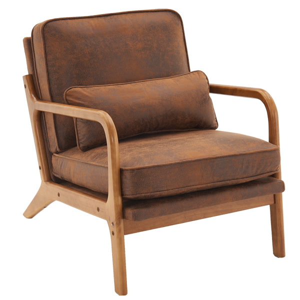 Brown leather armchair with wooden frame on a white background