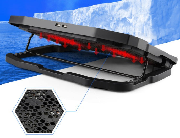 Black laptop cooling pad with red LED lights on a blue and white background