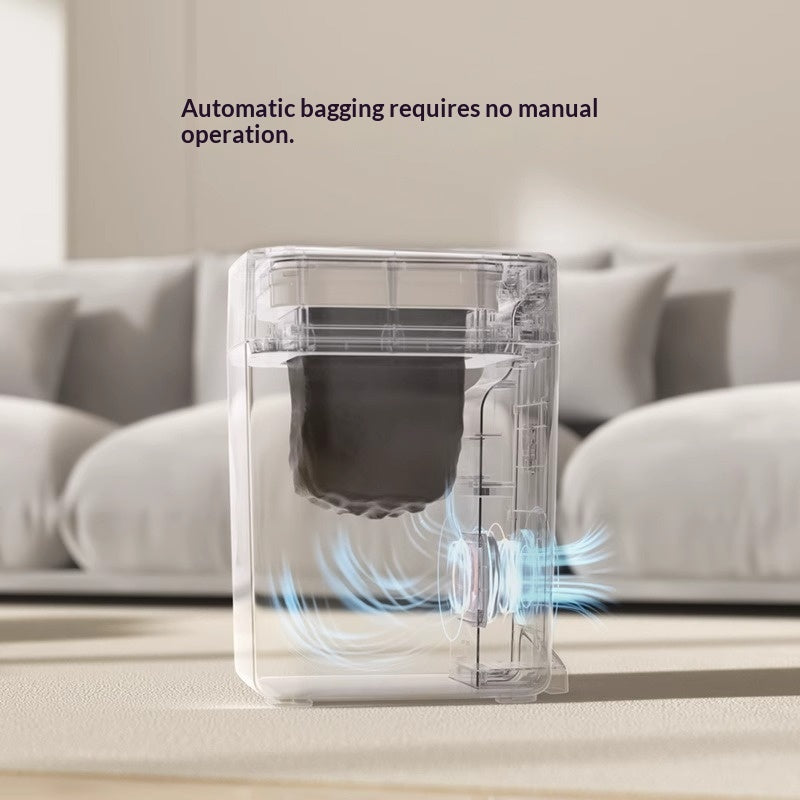 Clear air purifier on a table with text about automatic bagging
