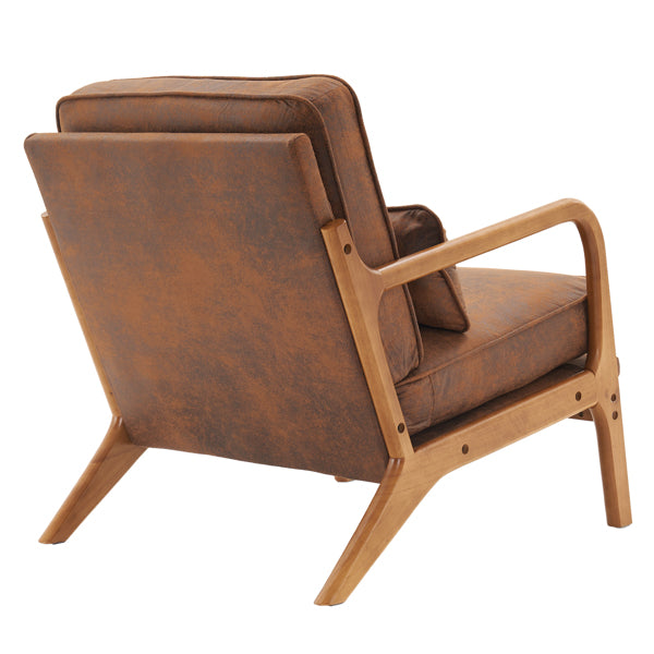 Back of Brown leather armchair with wooden frame on a white background