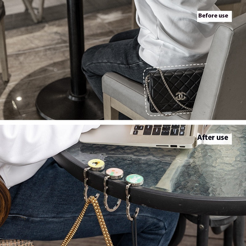 Before and after use of a multi-hook organizer on a table.