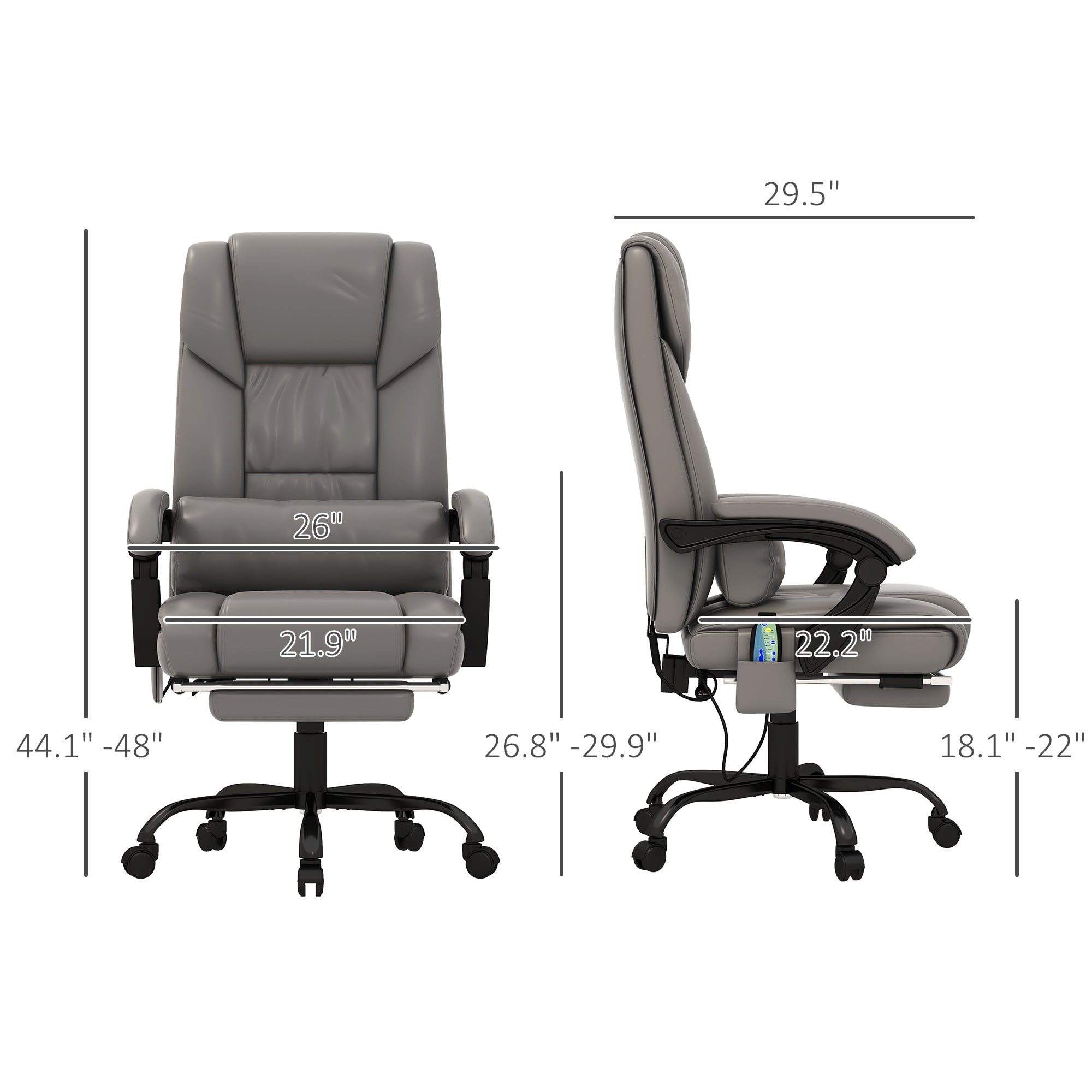 Gray office chair with dimensions indicated on a white background