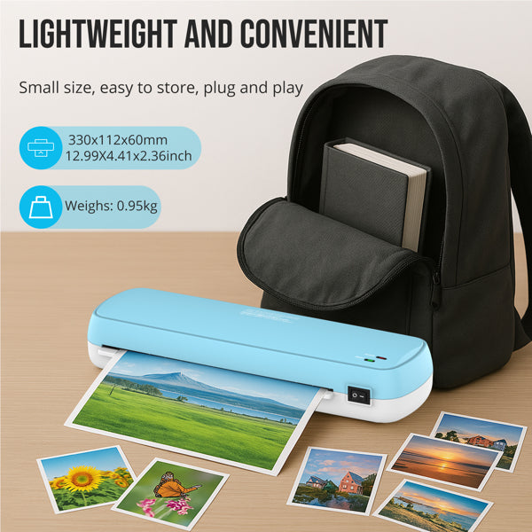 Portable photo printer with printed photos and a backpack on a beige surface