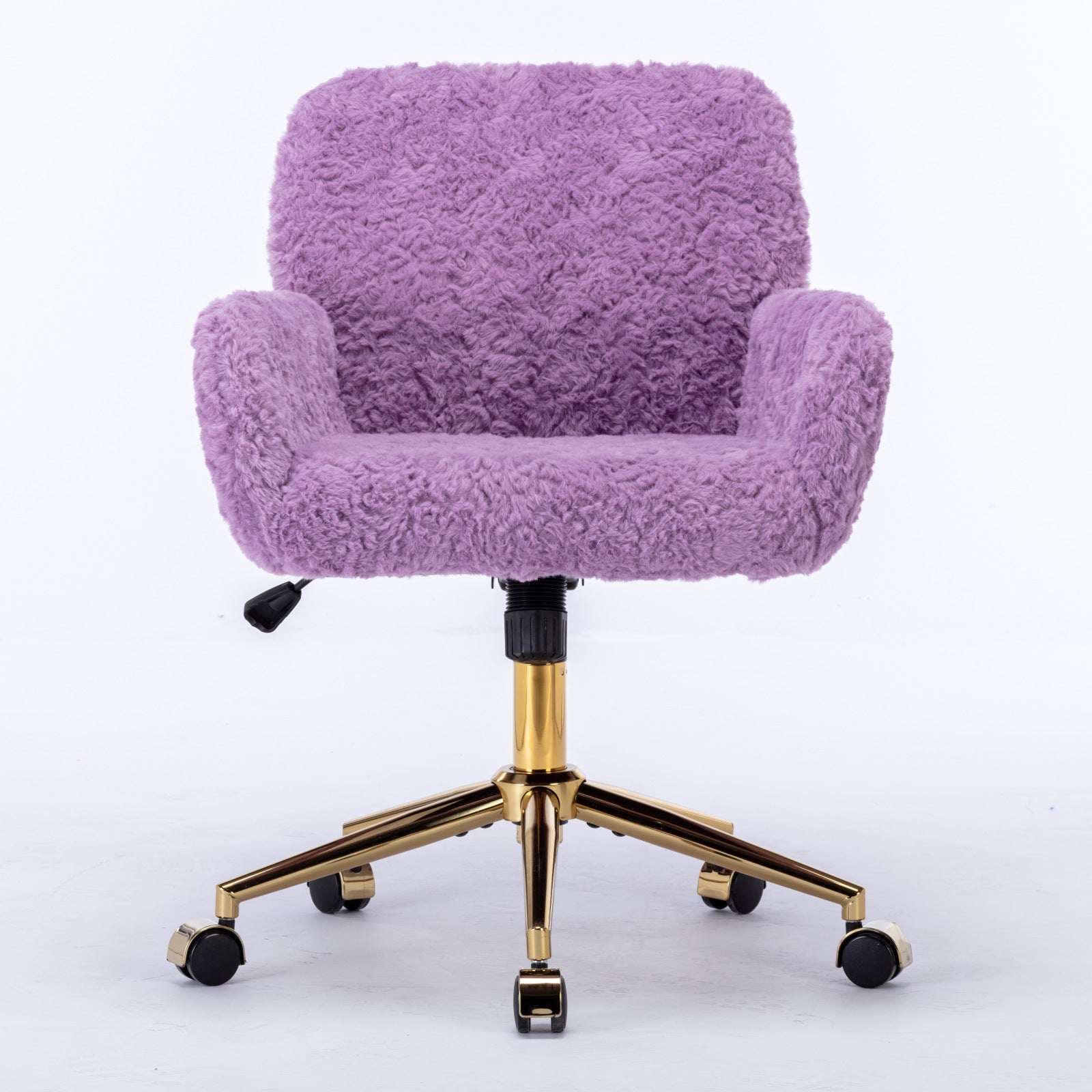 Purple fluffy office chair with gold base on a white background