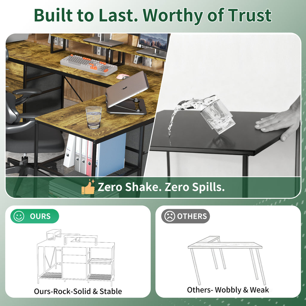 114" L-Shaped Desk with Power Outlets & Storage - Rustic Brown