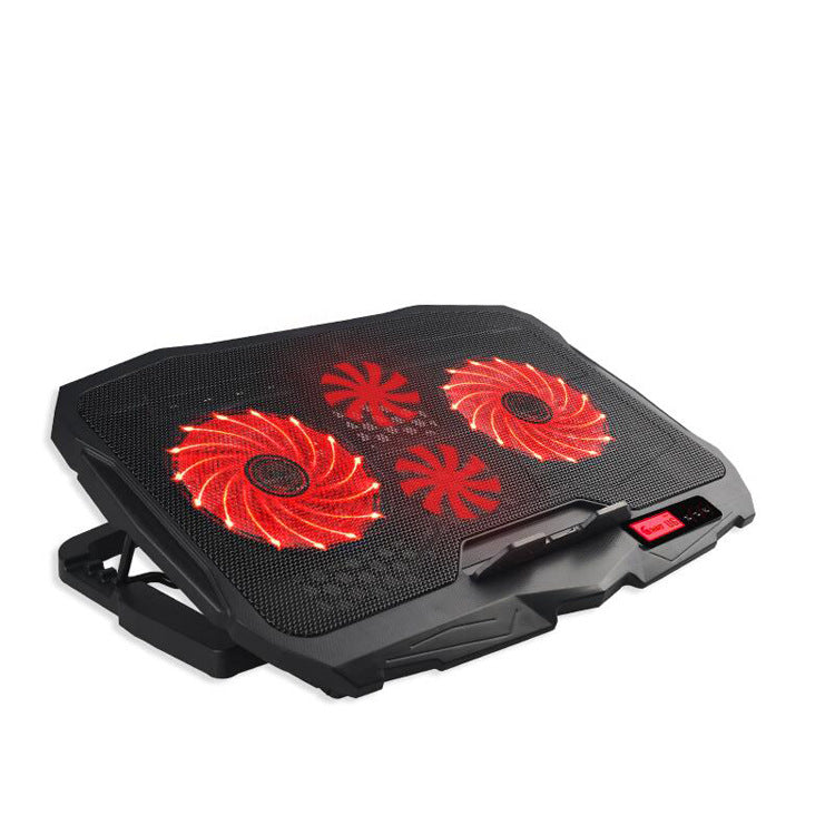 Black laptop cooling pad with red fans on a white background