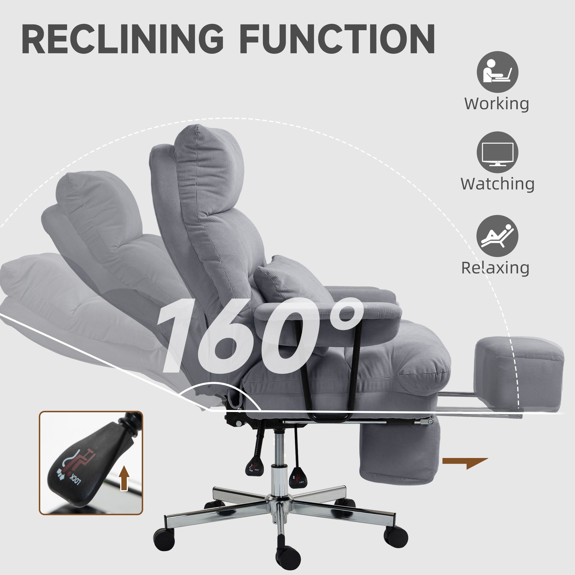 Gray recliner chair with 160-degree reclining function on a white background