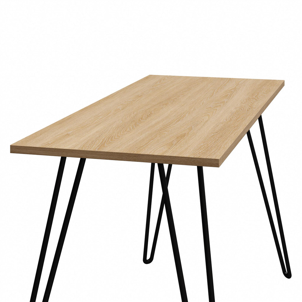 Wooden table with black metal legs on a white background