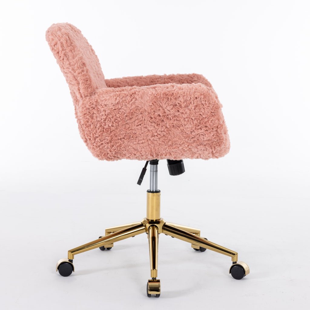 Pink fluffy office chair with gold metal base on a white background