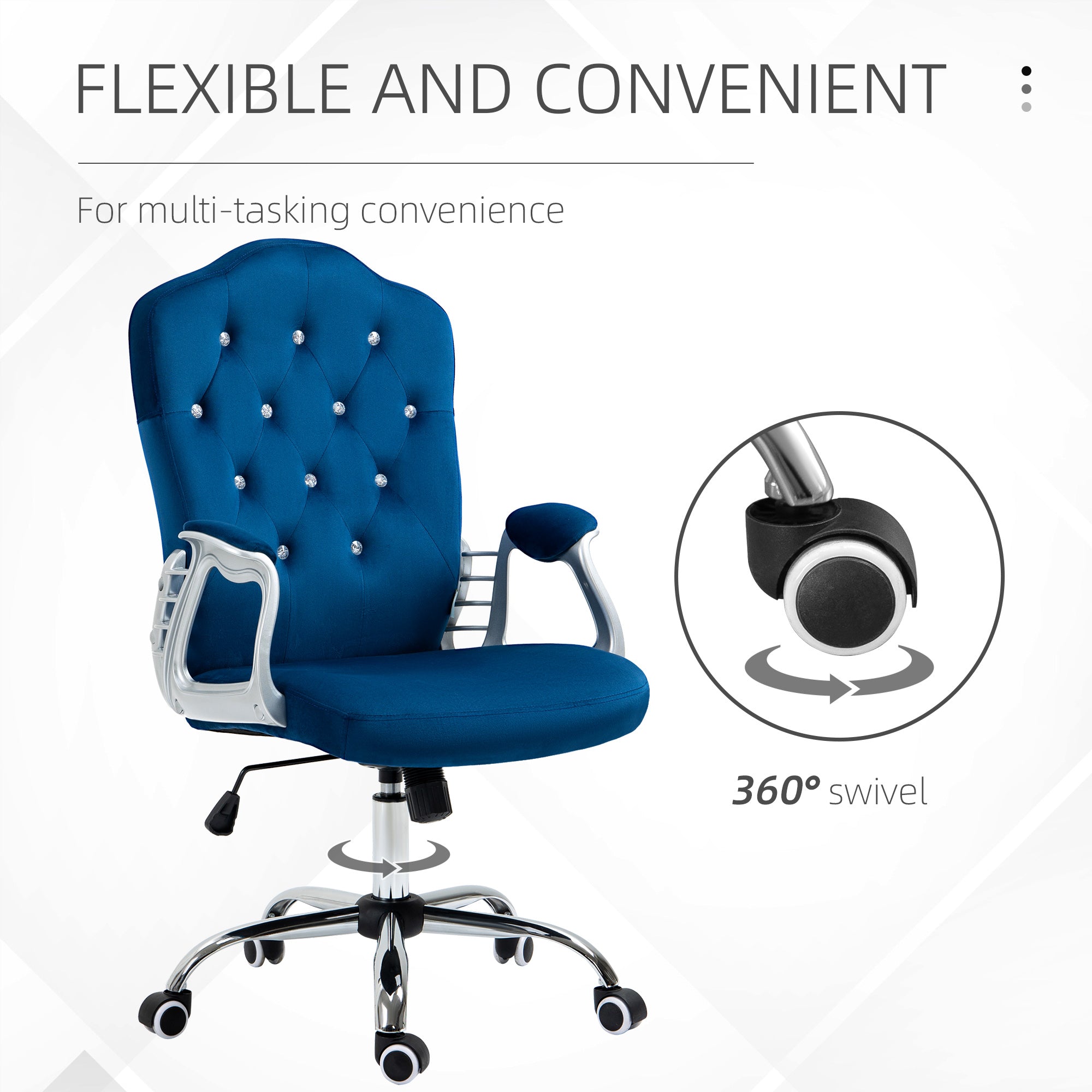 Blue office chair with 360-degree swivel feature on a white background