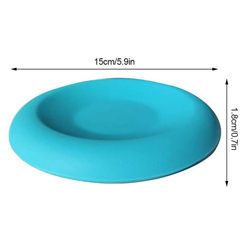 Blue silicone cup holder with dimensions on a white background