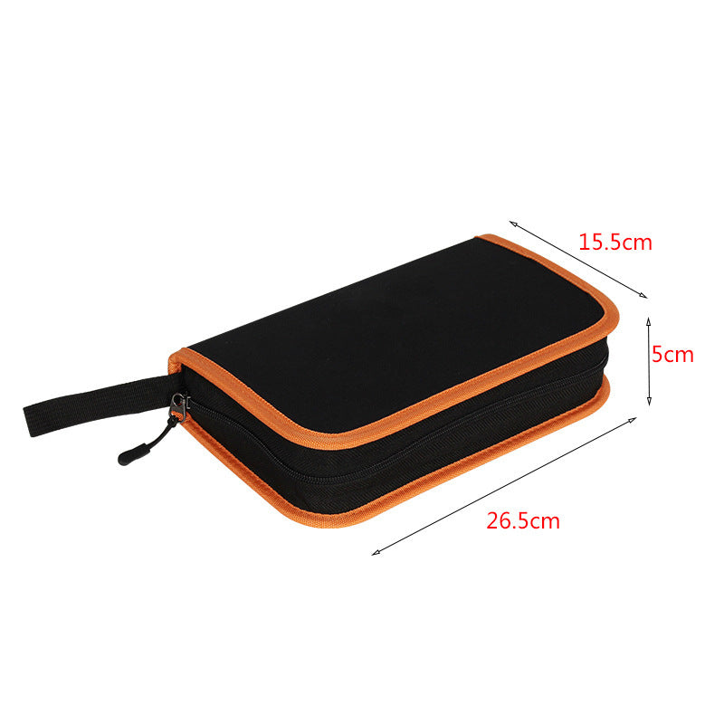 Black and orange zippered pouch with measurements on a white background
