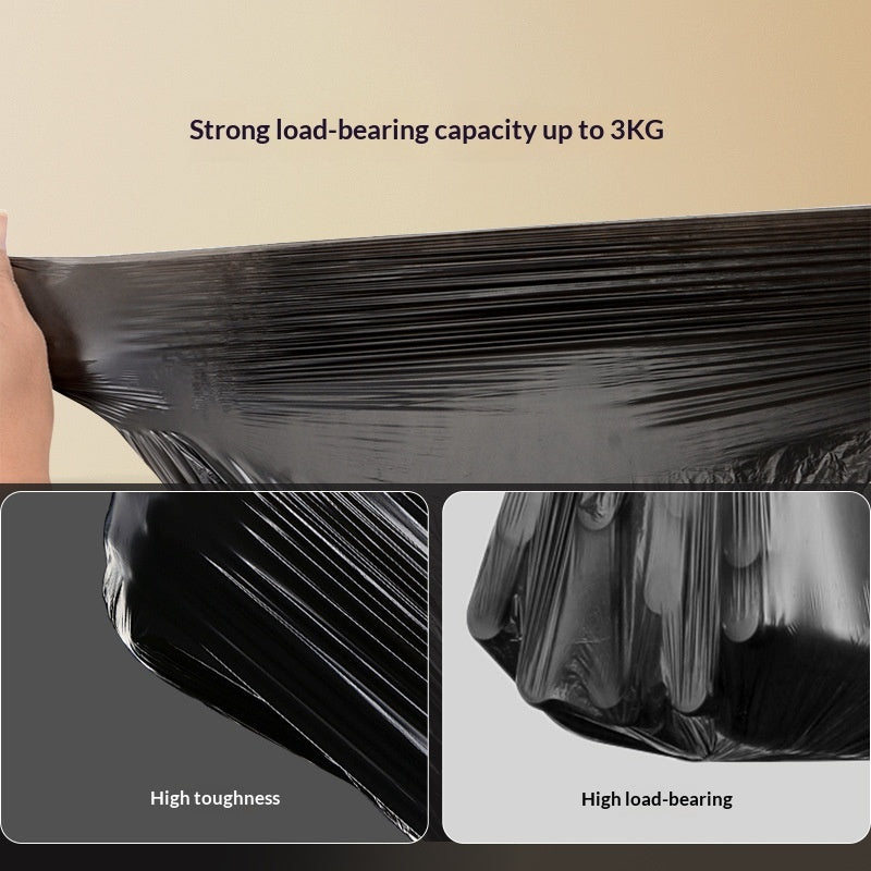 Black plastic wrap being stretched with text indicating load-bearing capacity and toughness.